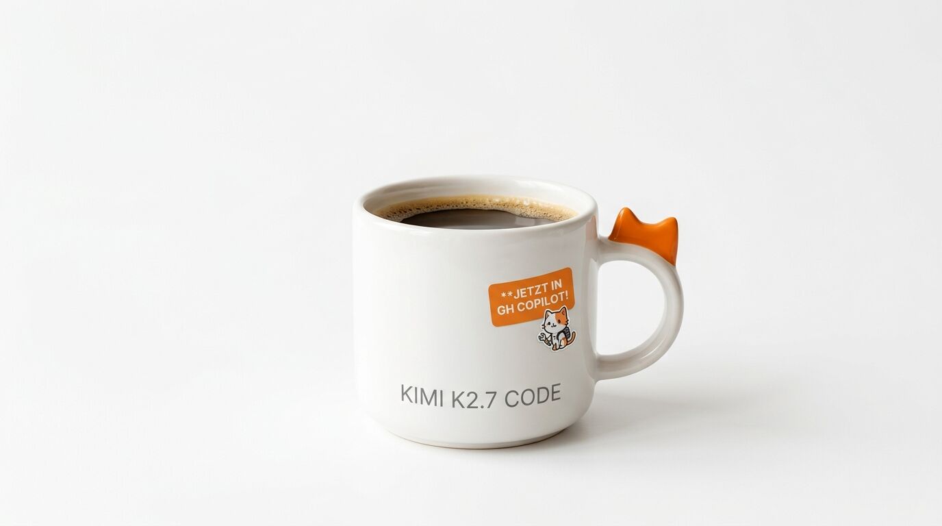 Kaffeebecher mit „KIMI K2.7 CODE“-Aufdruck und Copilot-Logo auf weißem Grund