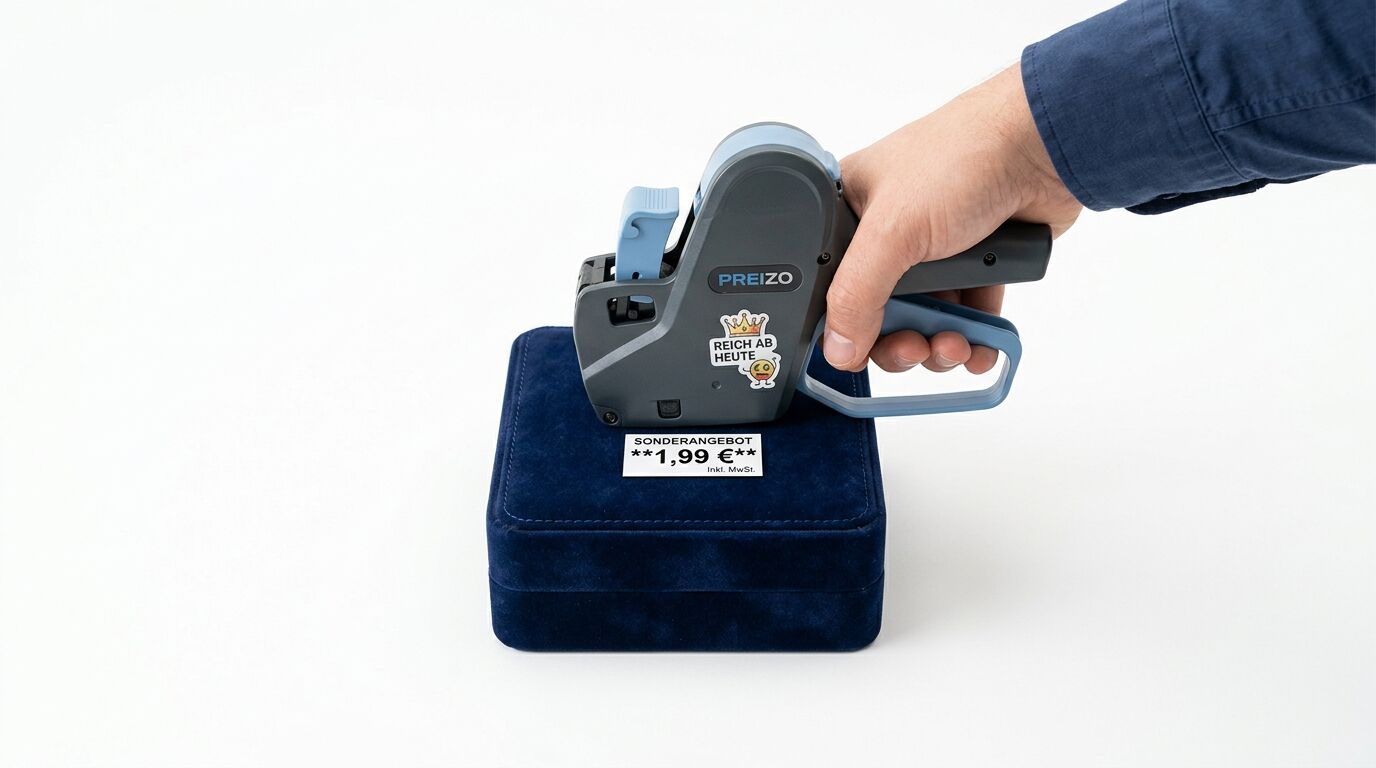 Hand mit Preisauszeichner versieht eine blaue Samtschatulle mit einem Preisetikett