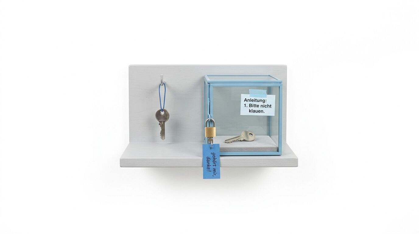 Zwei Schlüssel, Vorhängeschloss mit Anhänger und Anleitung in Vitrine auf Regal