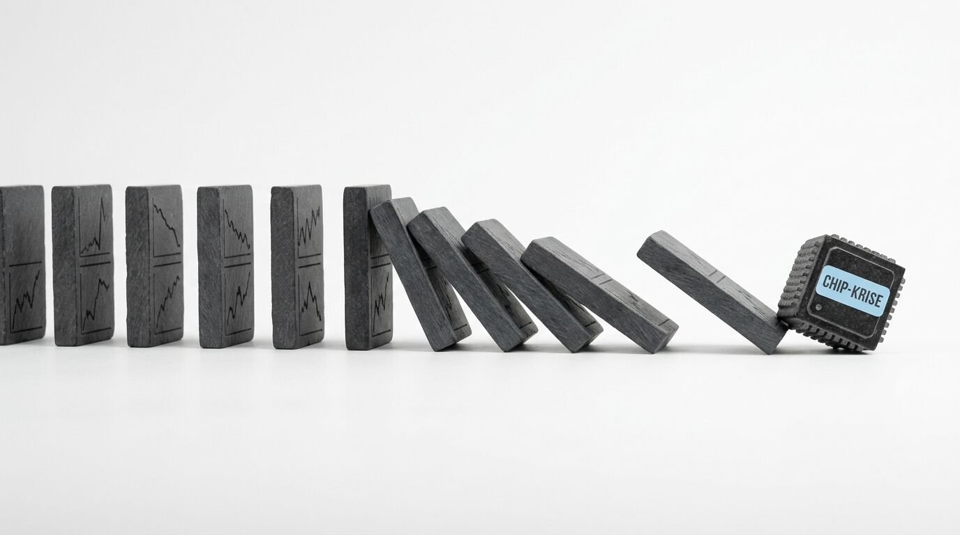 Dominosteine mit Börsencharts fallen durch einen Chip mit der Aufschrift „CHIP-KRISE“