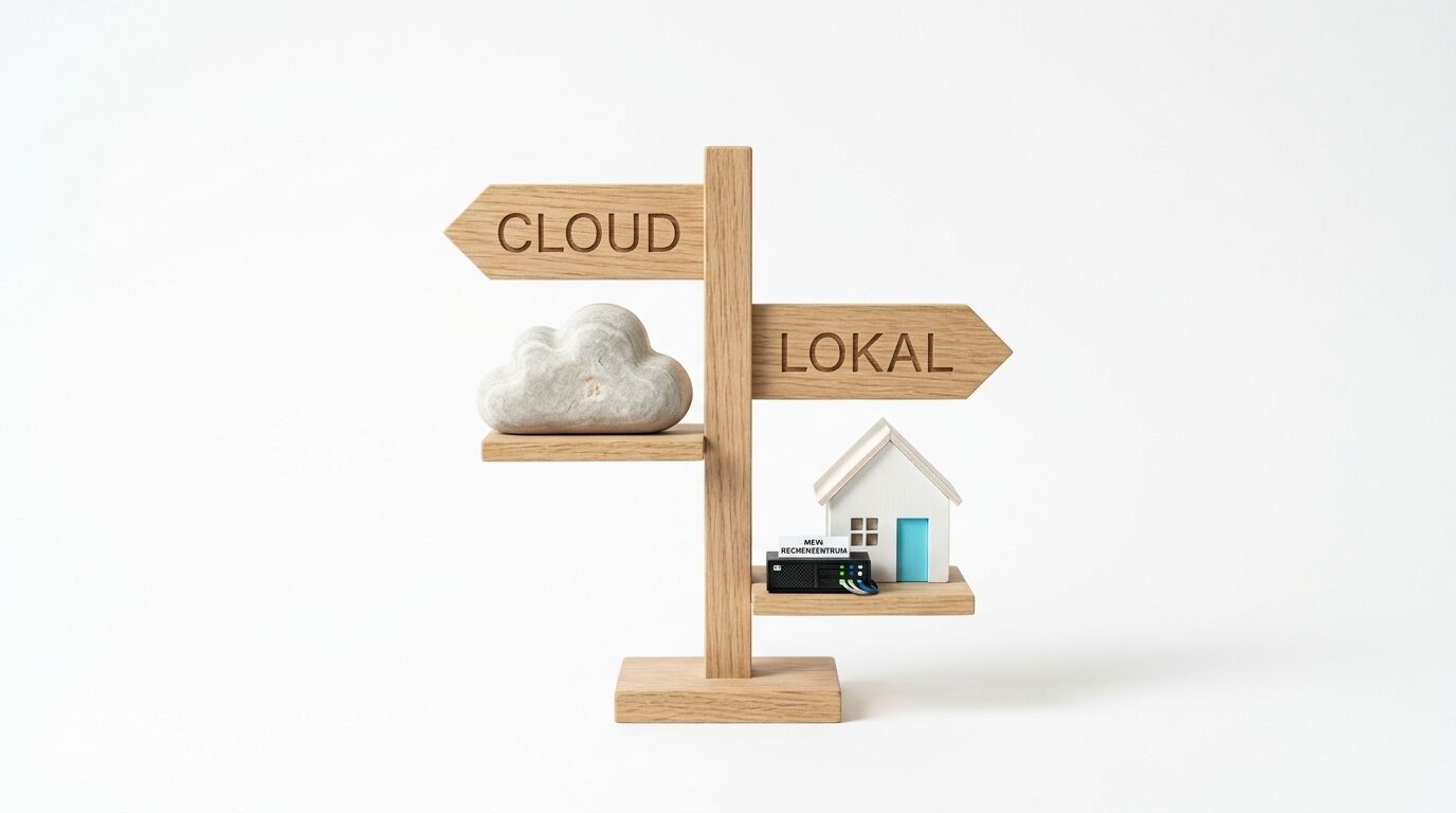 Wegweiser aus Holz zeigt nach links zu Wolke („CLOUD“) und rechts zu Haus und Server („LOKAL“)