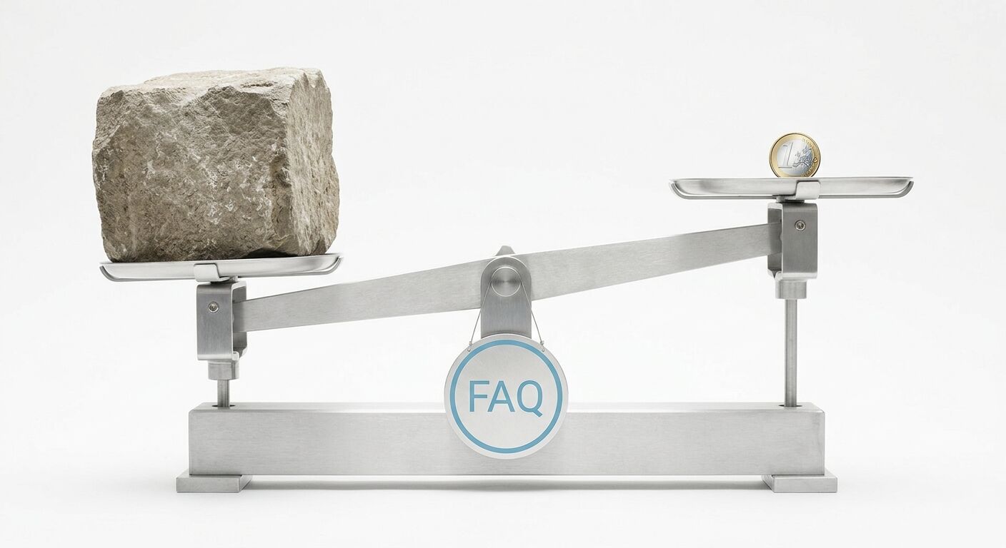 Waage mit Stein und 1-Euro-Münze sowie „FAQ“-Schild im Zentrum