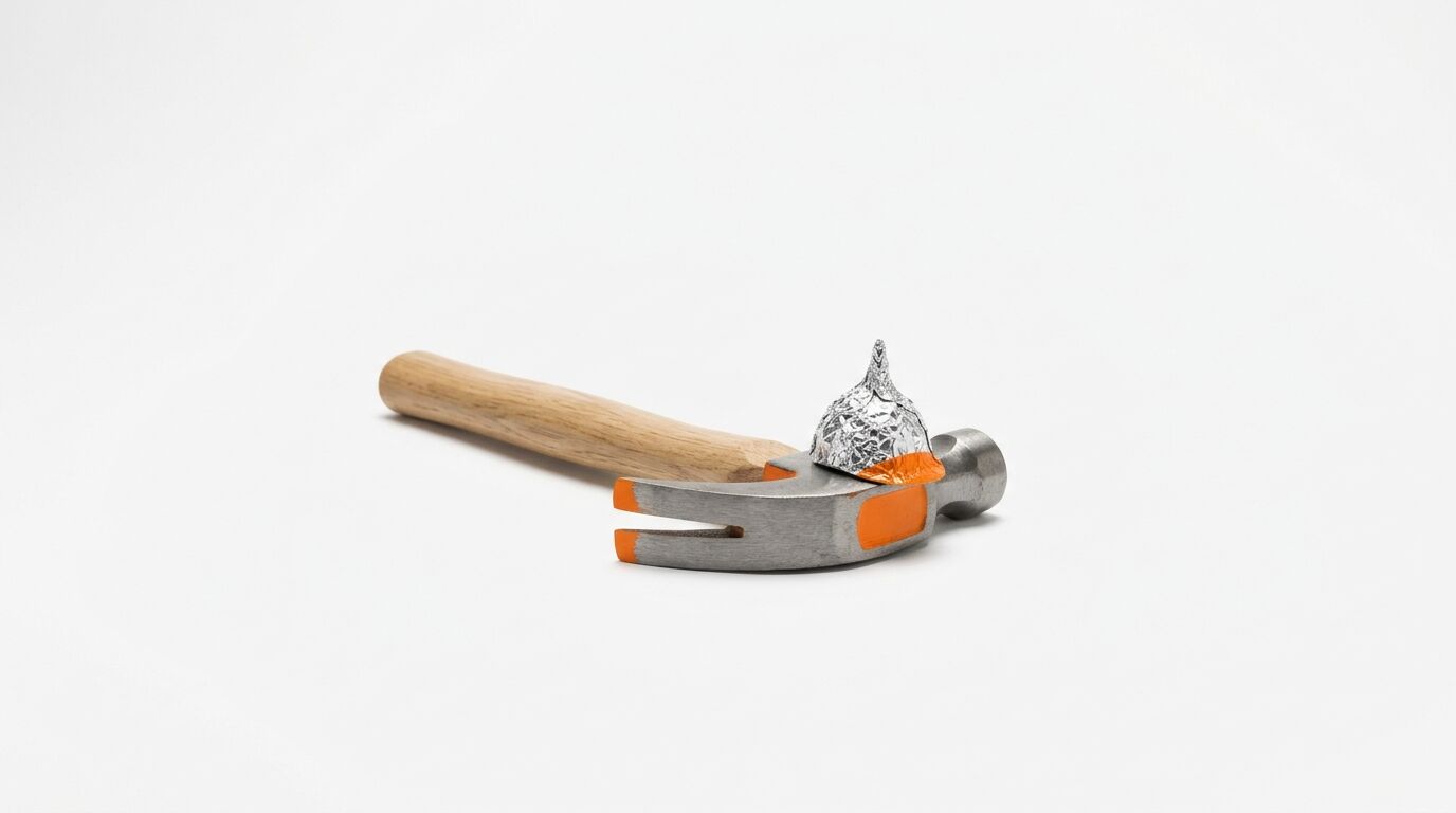 Ein Hammer mit einem Aluhut auf dem Metallkopf liegt auf weißem Untergrund