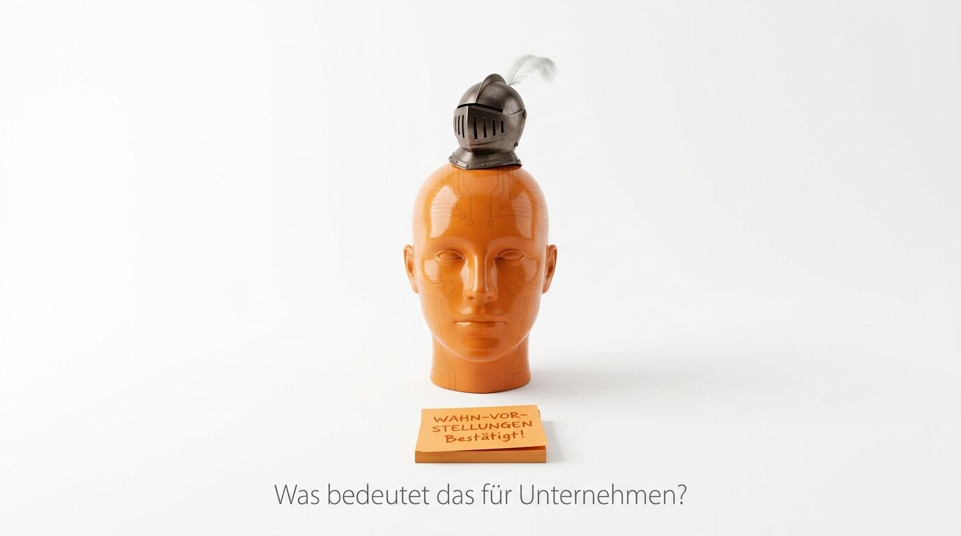 Oranger Kopf mit Helm, Notizzettel und Text „Was bedeutet das für Unternehmen?“
