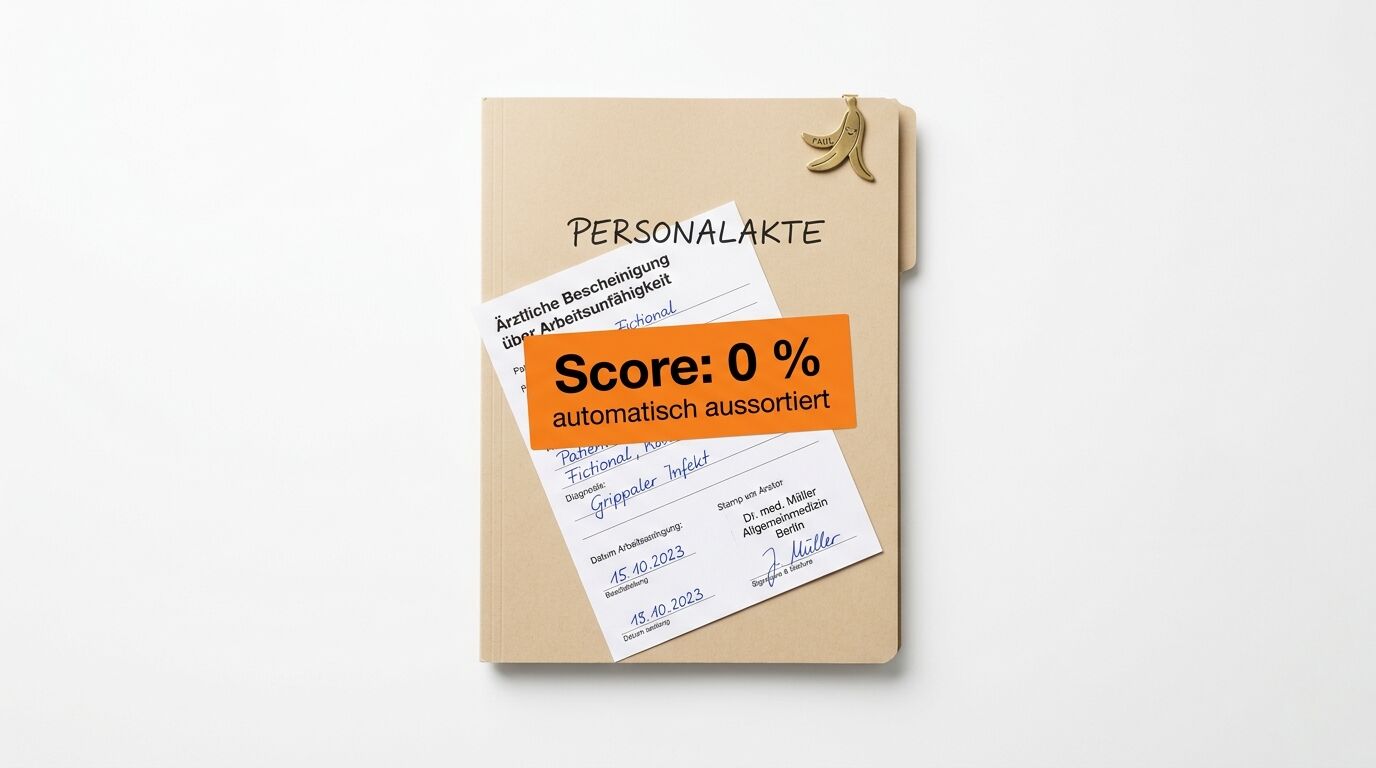 Personalakte mit Arbeitsunfähigkeitsbescheinigung und orangefarbenem Aufkleber „Score: 0 %“