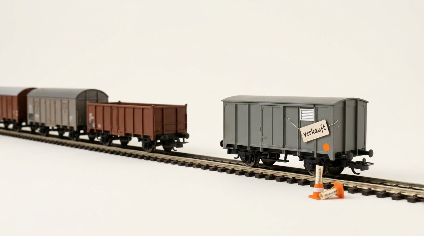 Modelleisenbahnwaggons auf Gleis, grauer Waggon mit „verkauft“-Schild, daneben Leitkegel