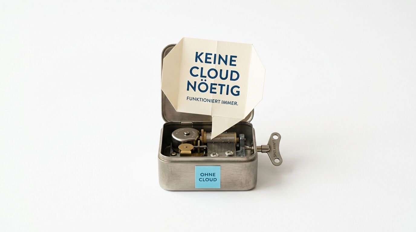 Geöffnete Metalldose mit Spielwerk und Papier-Sprechblase mit deutschem Text vor weißem Grund