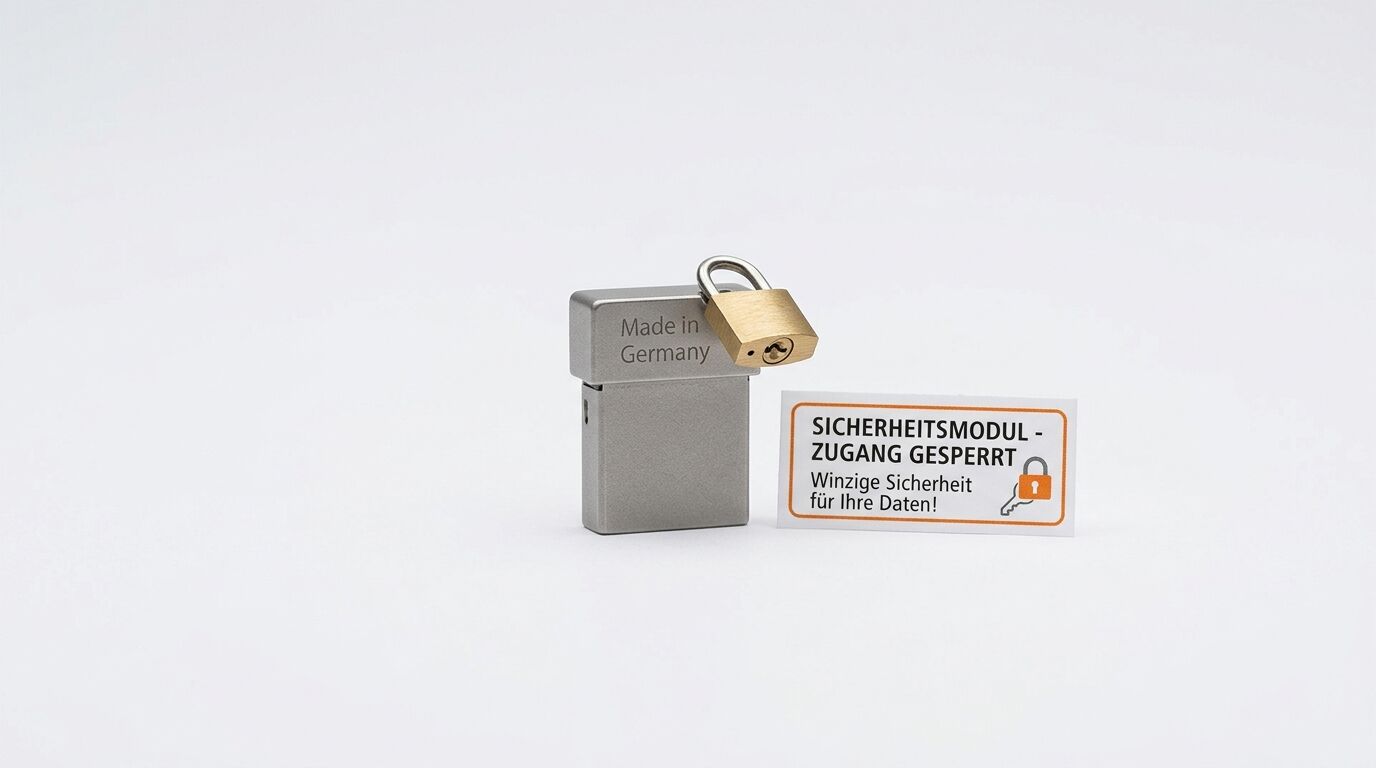 Ein USB-Stick mit Schloss und Warnhinweis