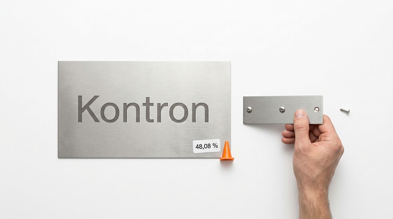 Edelstahlschild mit „Kontron“-Gravur, Prozentwert und Hand, die eine Metallplatte hält