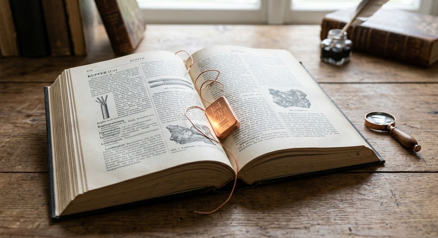 Geöffnetes Fachbuch mit Kupferbarren, Draht und Lupe auf Holztisch in Arbeitszimmer
