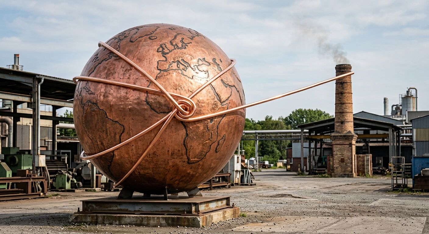 Kupferne Erdkugel in einer Industrielandschaft