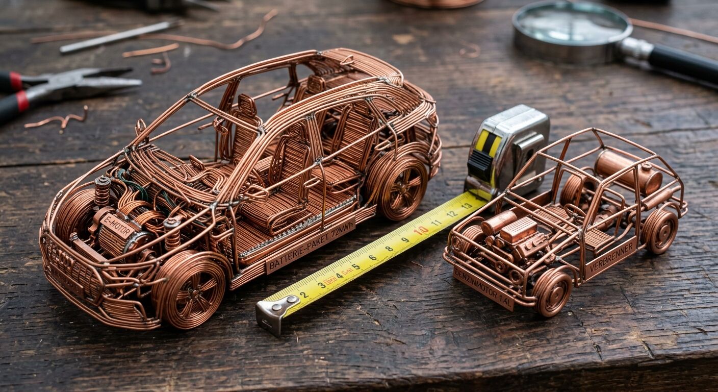 Zwei kupferne Auto-Drahtmodelle, eins größer (E-Auto), eins kleiner (Verbrenner), mit Maßband