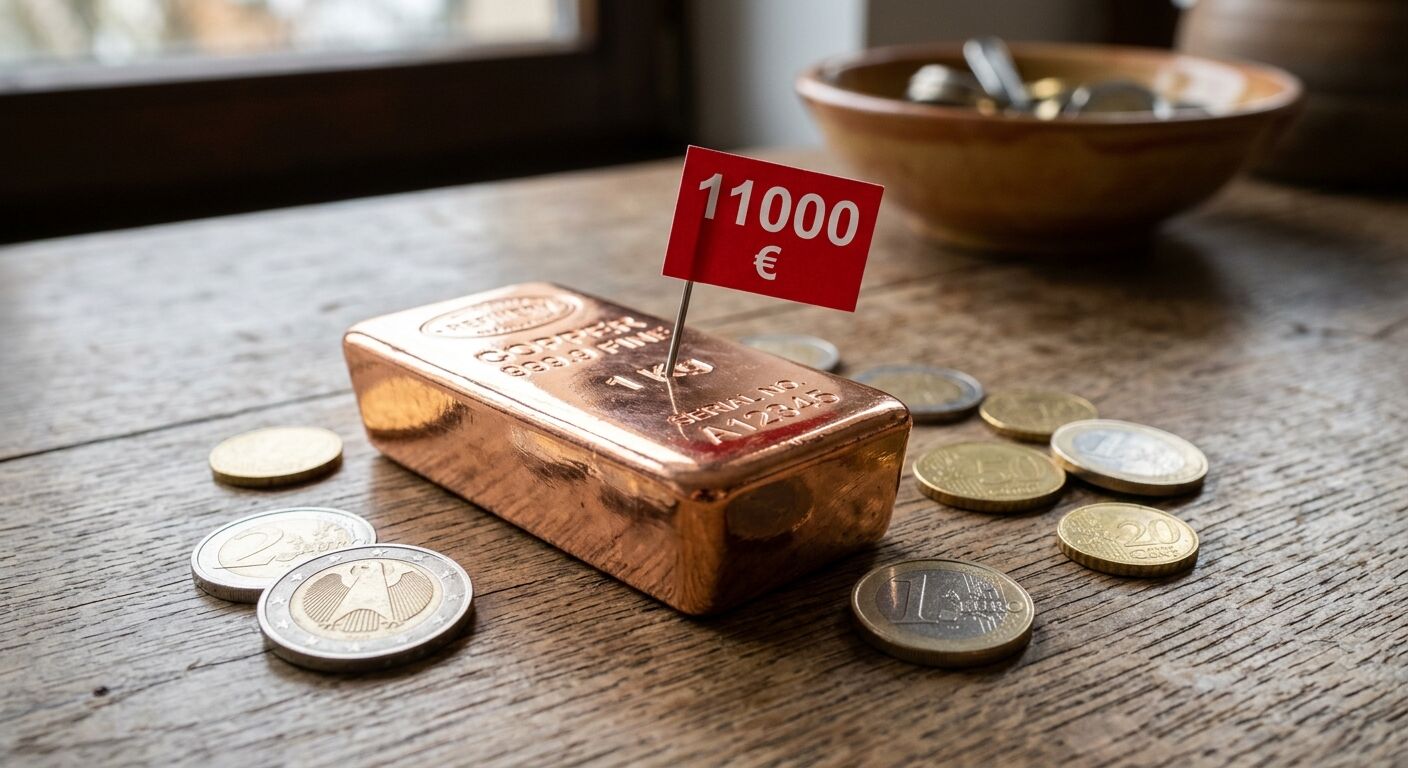 Kupferbarren mit Euro-Münzen und Preisschild auf Holzoberfläche
