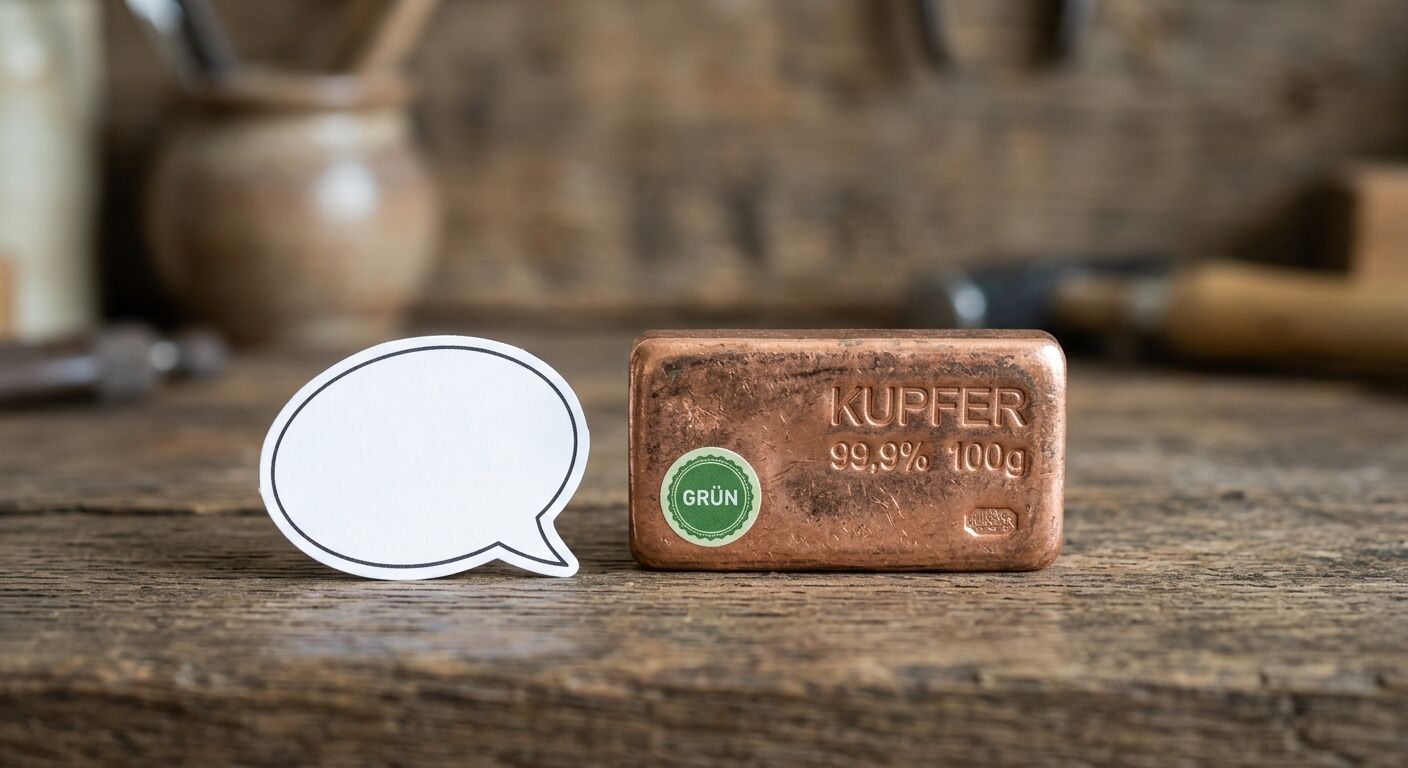 Kupferbarren (100g) mit Aufschrift und grünem Punkt sowie Sprechblase auf Holztisch