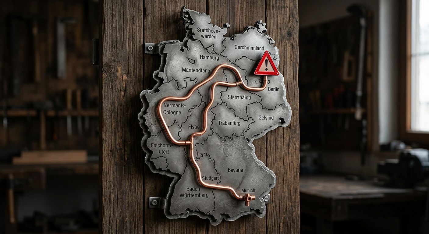 Metallkarte Deutschlands mit Kupferrohrverlauf und Warnschild in einer Werkstatt