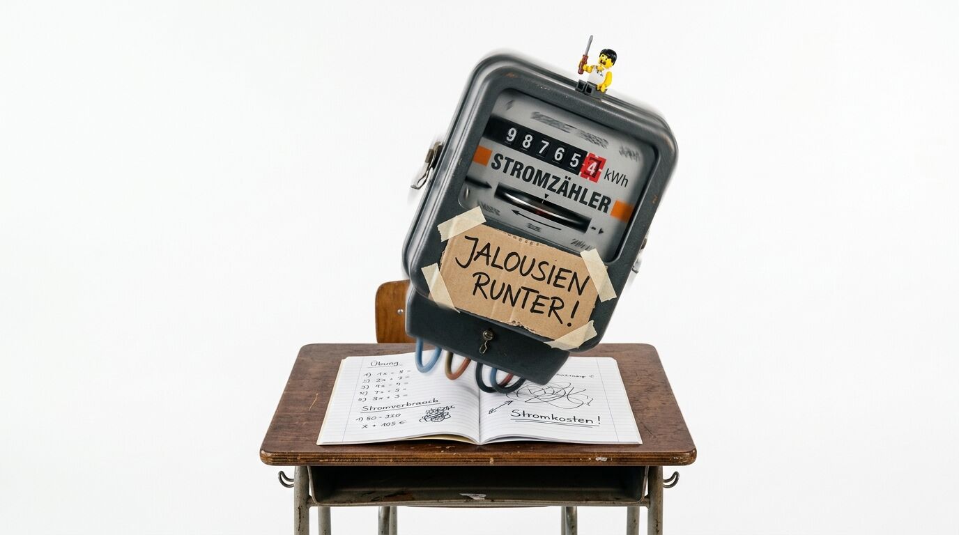 Großer Stromzähler über offenem Heft auf altem Schulpult, mit Schild „Jalousien runter“