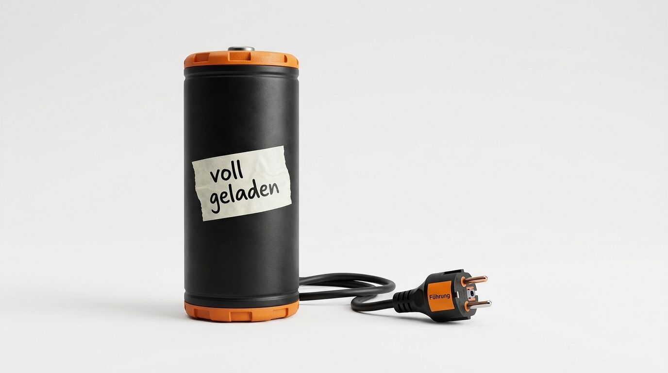 Eine zylindrische Batterie mit einem Schild „voll geladen“ und einem Netzstecker daneben