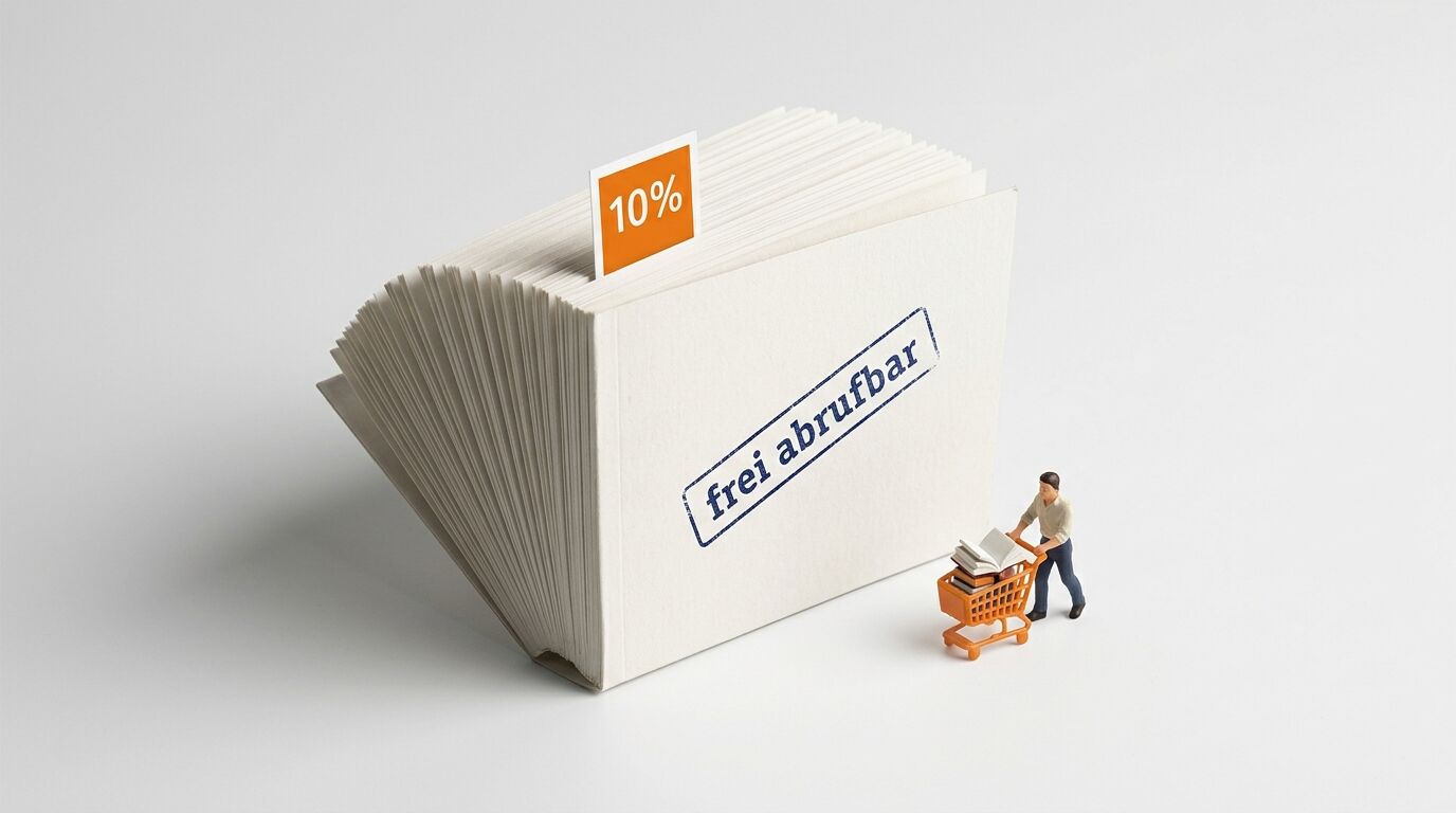 Buch mit Stempel „frei abrufbar“, orange 10 % Karte und Miniaturfigur mit Einkaufswagen