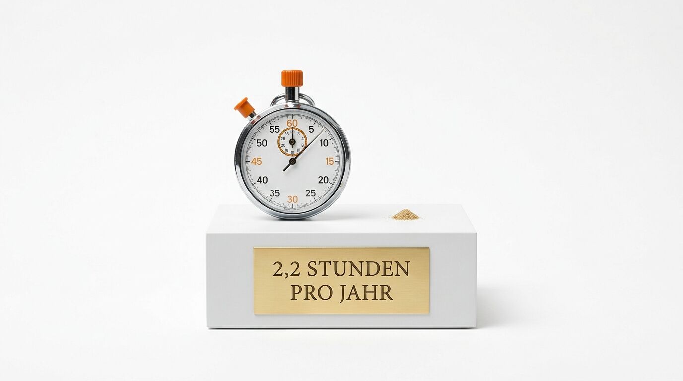 Stoppuhr auf Podest mit der Gravur „2,2 STUNDEN PRO JAHR“ und Sandhaufen daneben