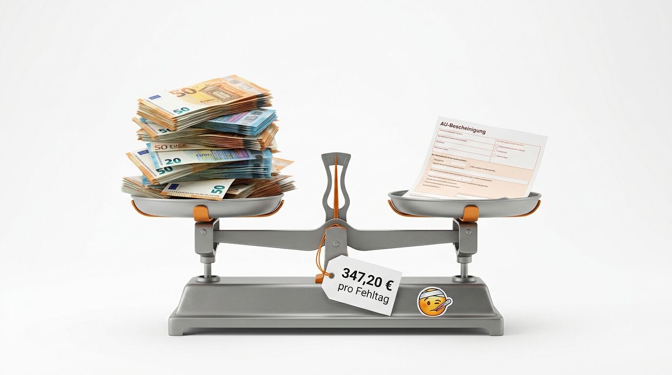 Waage wiegt Geld und AU-Bescheinigung, Schild: „347,20 € pro Fehltag“, Emoji
