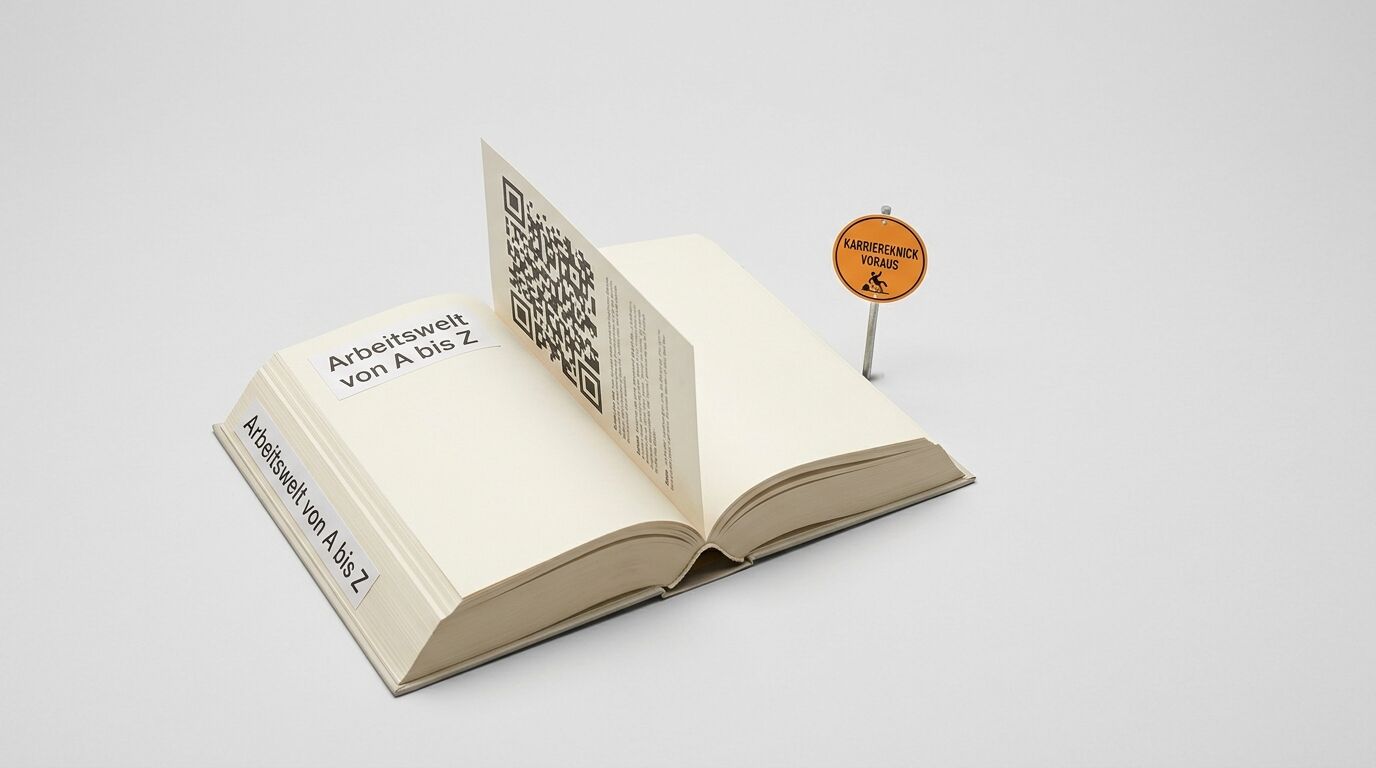 Aufgeschlagenes Buch, QR-Code, Text „Arbeitswelt von A bis Z“, ein Warnschild „Karriereknick“