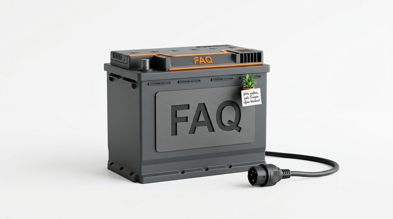 Graue FAQ-Batterie mit Stecker, kleiner Pflanze und handschriftlicher Notiz daneben