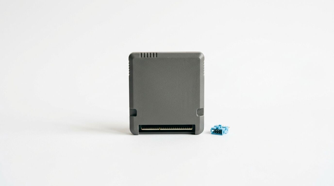 Graue Cartridge und kleiner blauer Steckverbinder auf weißem Grund
