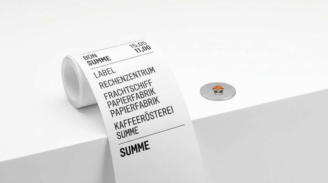 Papierrolle mit Kassenbon und ein Metallchip auf einer weißen Kante