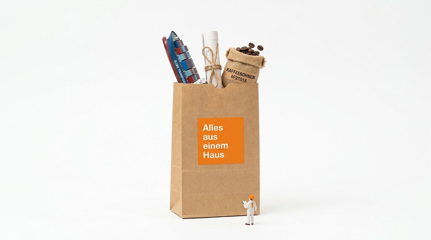 Braune Papiertüte mit orangem Aufkleber, Miniatur-Frachtschiff, Dokumentenrolle, Kaffeesack