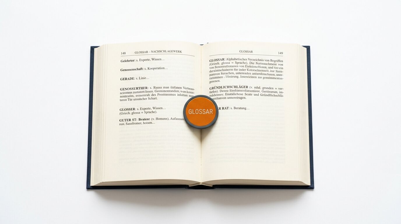 Offenes Buch mit Text, ein oranger runder Button mit Aufschrift „GLOSSAR“ liegt darauf