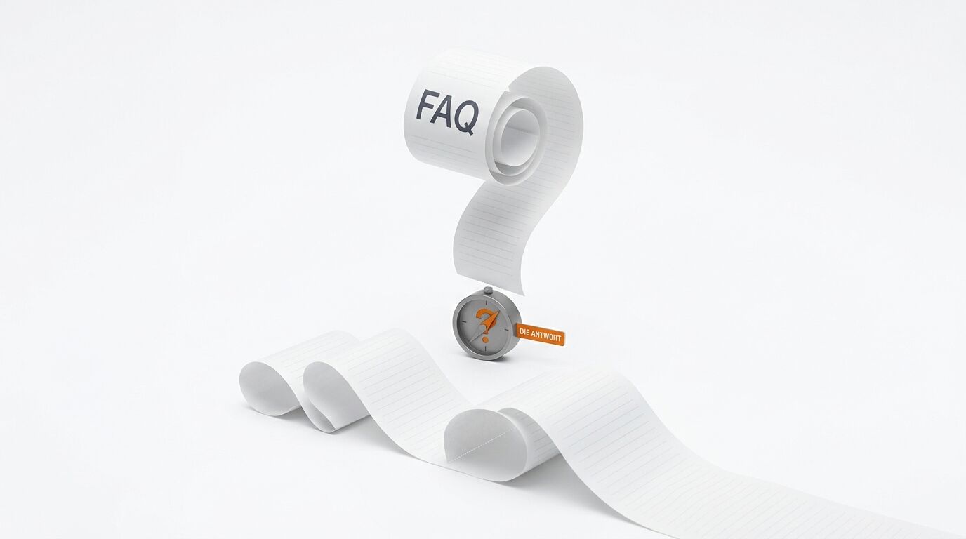 Papierstreifen als Fragezeichen und Kompass mit Schriftzug „FAQ“ und „DIE ANTWORT“ auf Weiß