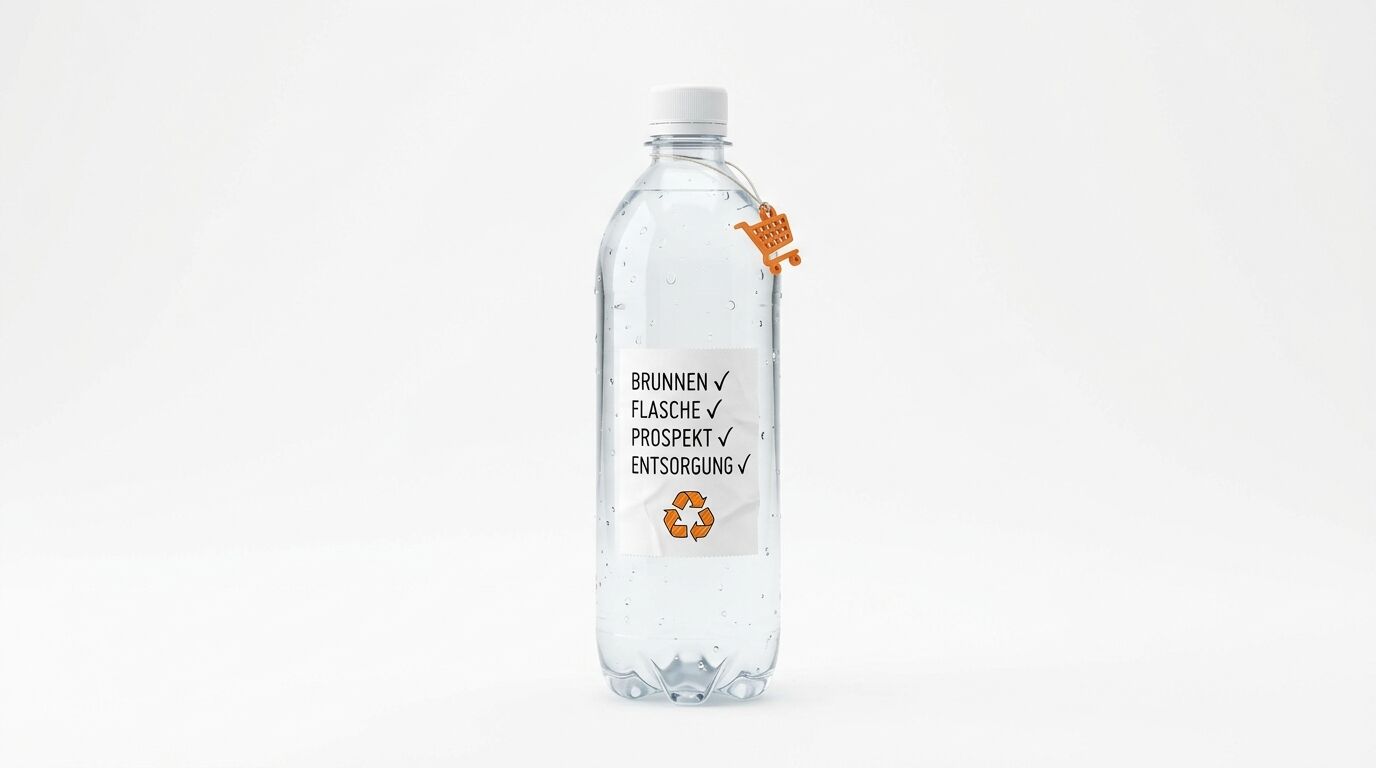 Transparente Wasserflasche mit Recycling-Etikett und orangem Einkaufswagen-Anhänger vor weiß