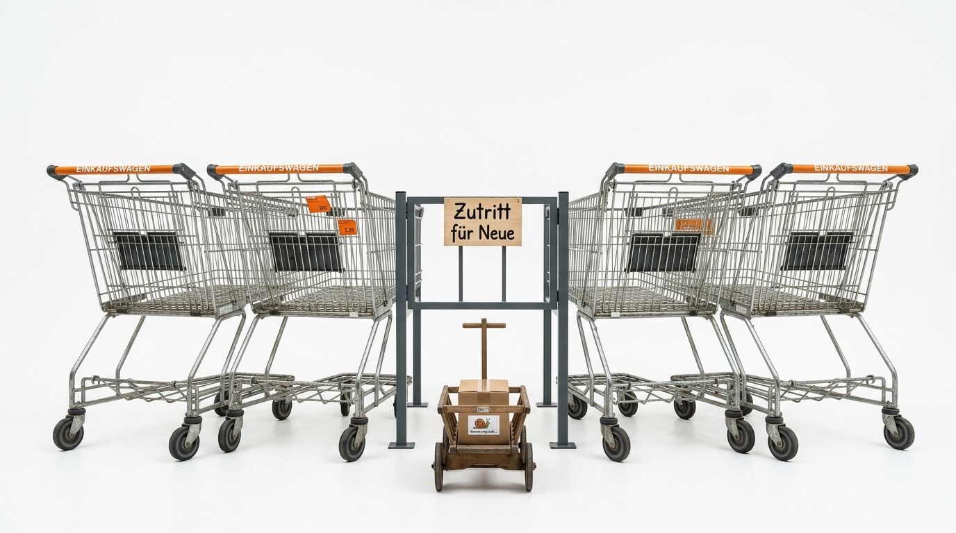 Zwei Paare von Einkaufswagen flankieren ein Tor mit dem Schild