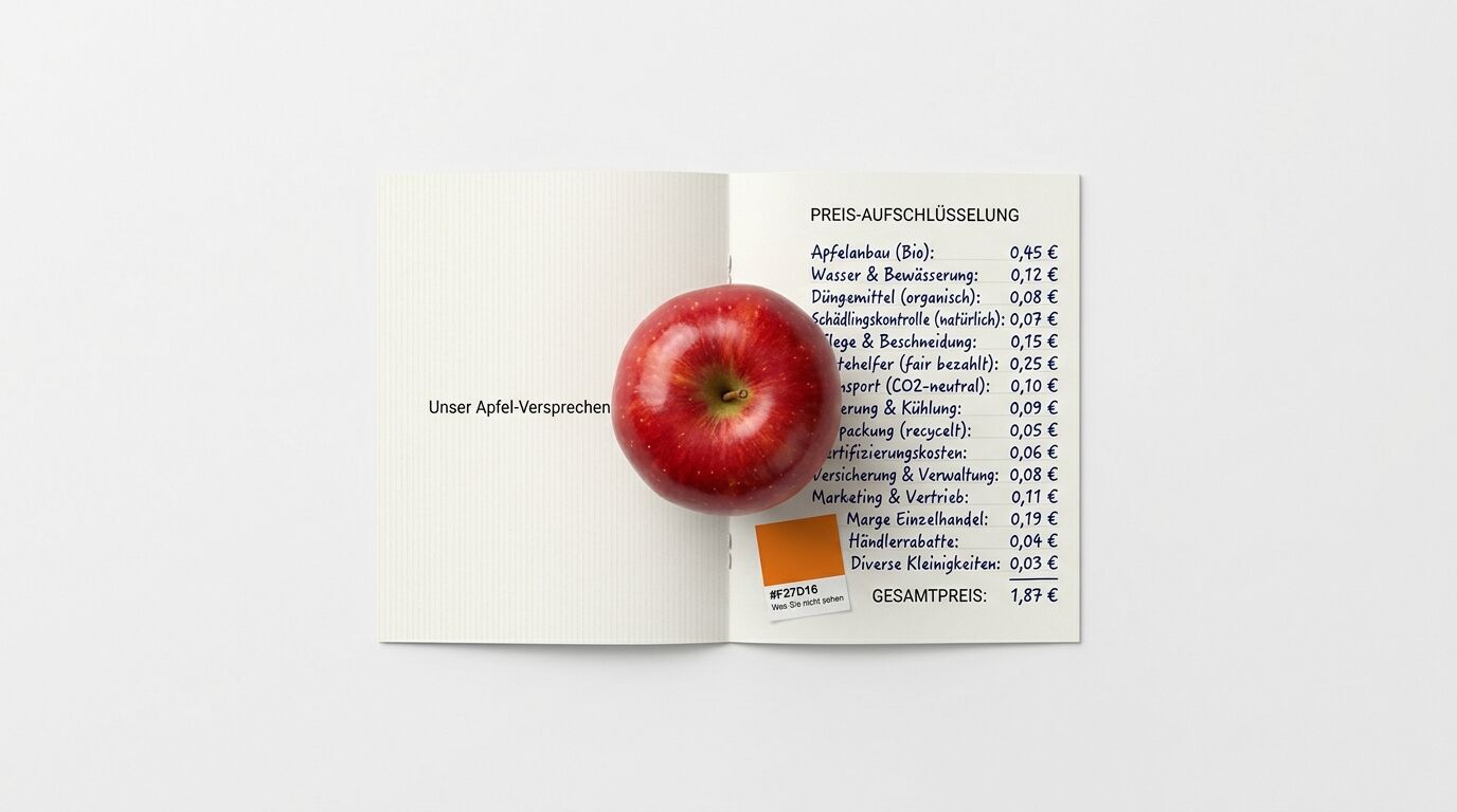 Ein roter Apfel liegt auf einem offenen Heft mit einer Preis-Aufschlüsselung