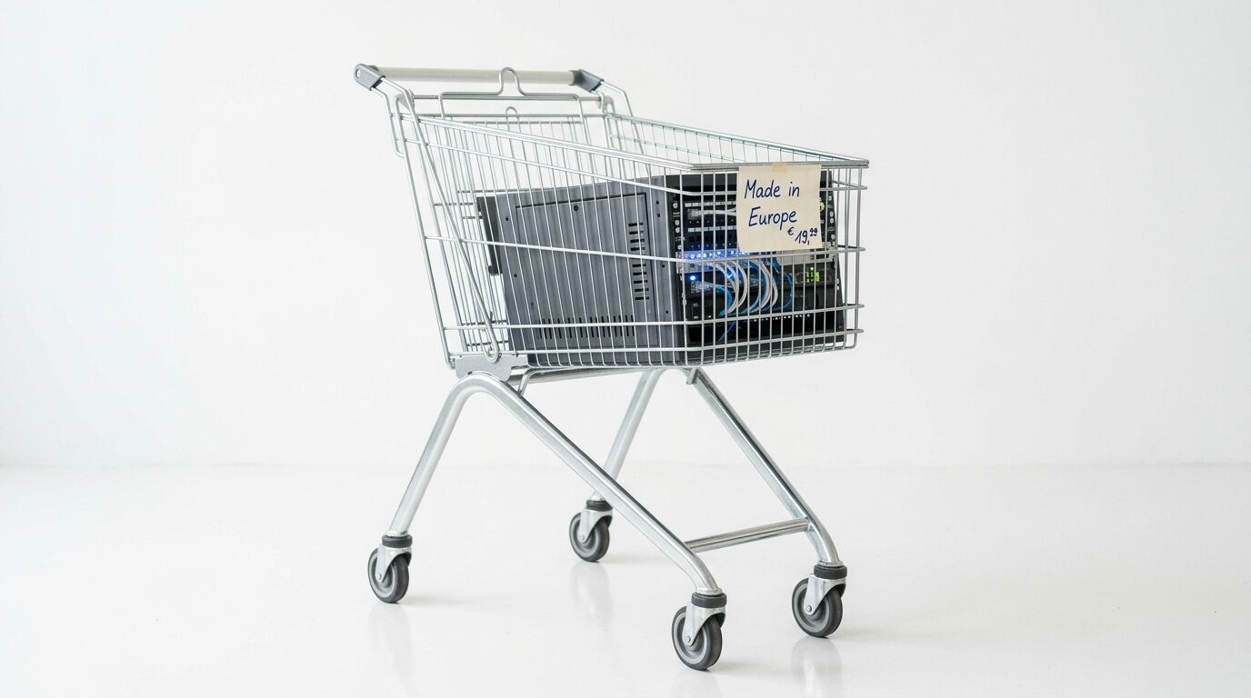 Ein Einkaufswagen mit Serverrack und Preisschild