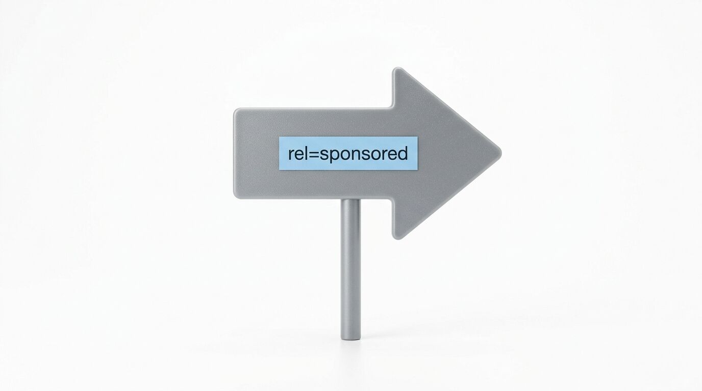 Ein grauer Pfeilwegweiser nach rechts mit der Aufschrift „rel=sponsored“
