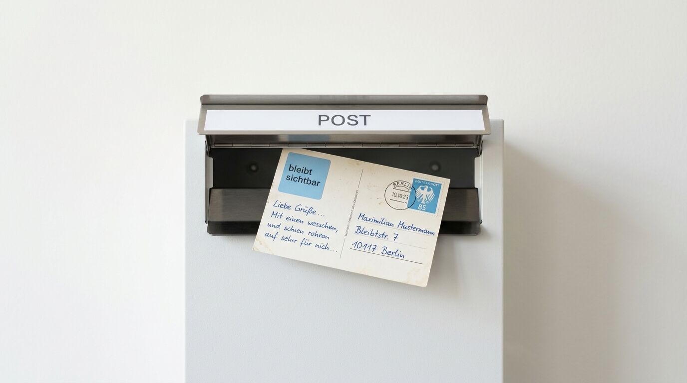 Eine adressierte Postkarte steckt teilweise in einem grauen Briefkasten mit Klappe