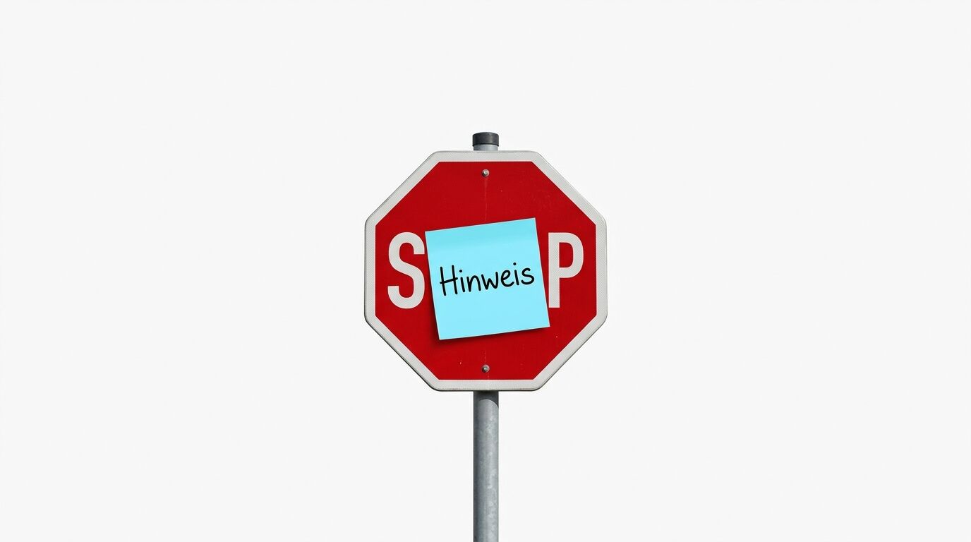 Rotes Stoppschild auf Mast mit aufgeklebtem blauen Notizzettel und Aufschrift „Hinweis“