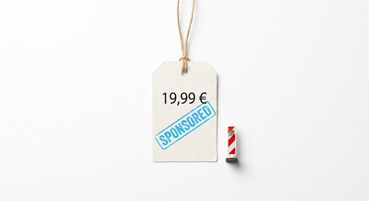 Ein Preisschild an Schnur mit Aufschrift „19,99€“ und Stempel „SPONSORED“ neben einer Warnbake