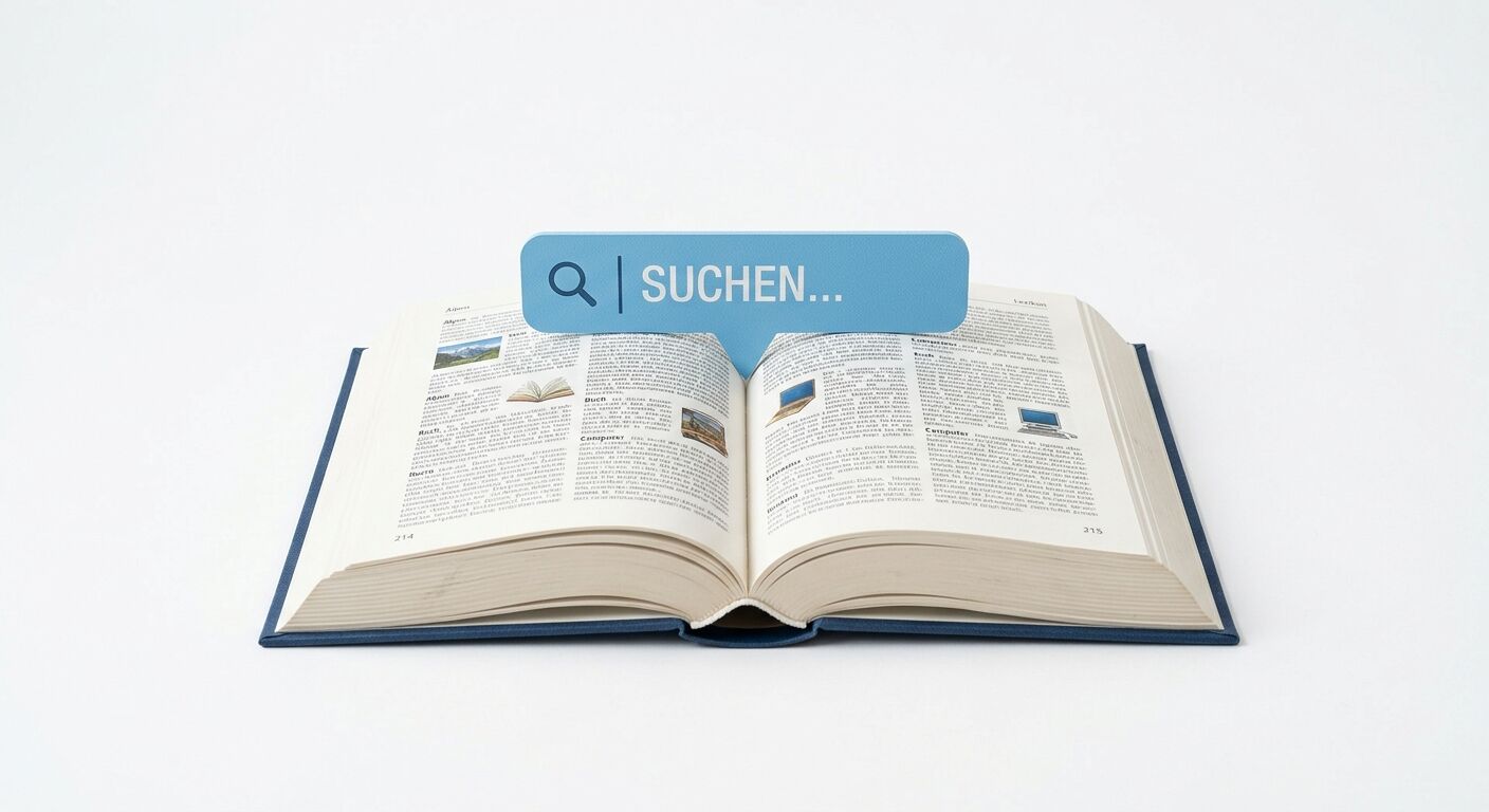 Ein offenes Lexikon mit einer Sprechblase „SUCHEN...“ und einem Lupensymbol