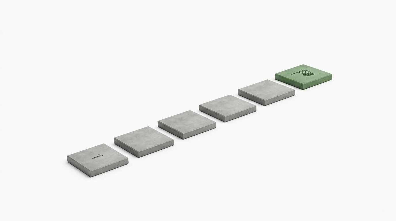 Eine Reihe von acht quadratischen Platten, davon sieben grau und eine grün mit Symbol am Ende