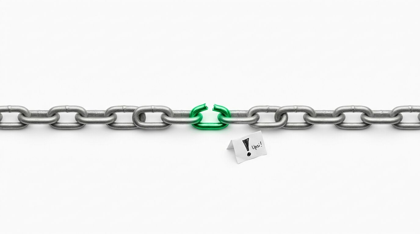 Eine Kette mit grünem Glied in der Mitte, darunter ein weißer Zettel mit "Oops!" Text