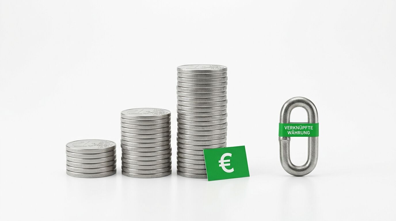 Drei Münzstapel mit aufsteigender Höhe, Eurosymbol und Karabiner mit "Verknüpfte Währung" Etikett