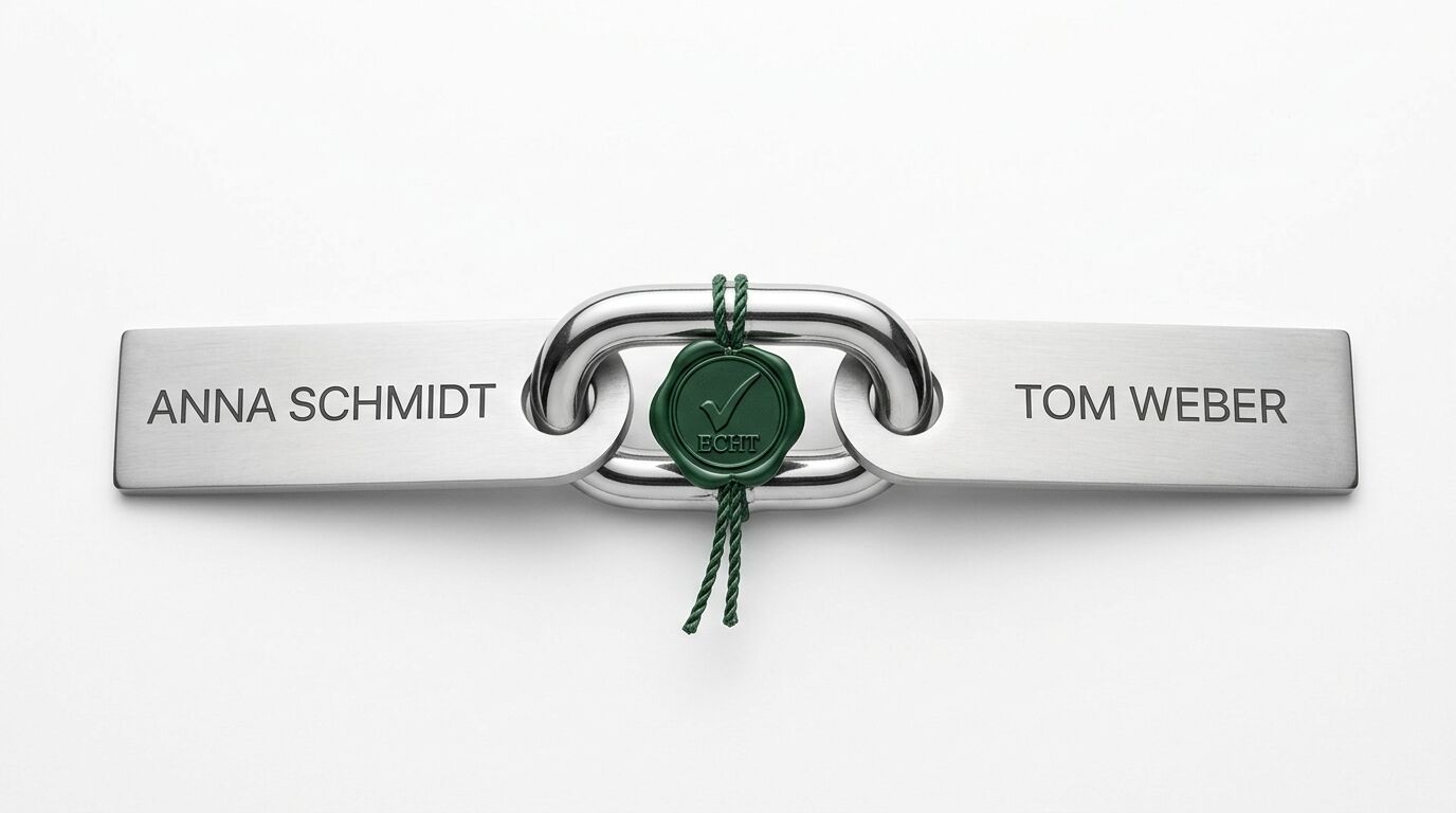 Silberne Namensschilder mit "ANNA SCHMIDT" und "TOM WEBER", verbunden durch grünes Siegel mit Checkmark und grünem Kordel