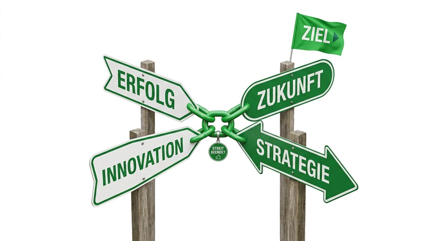 Wegweiser mit vier grünen Pfeilen: Erfolg, Zukunft, Innovation, Strategie. Oben grüne Flagge mit "ZIEL"