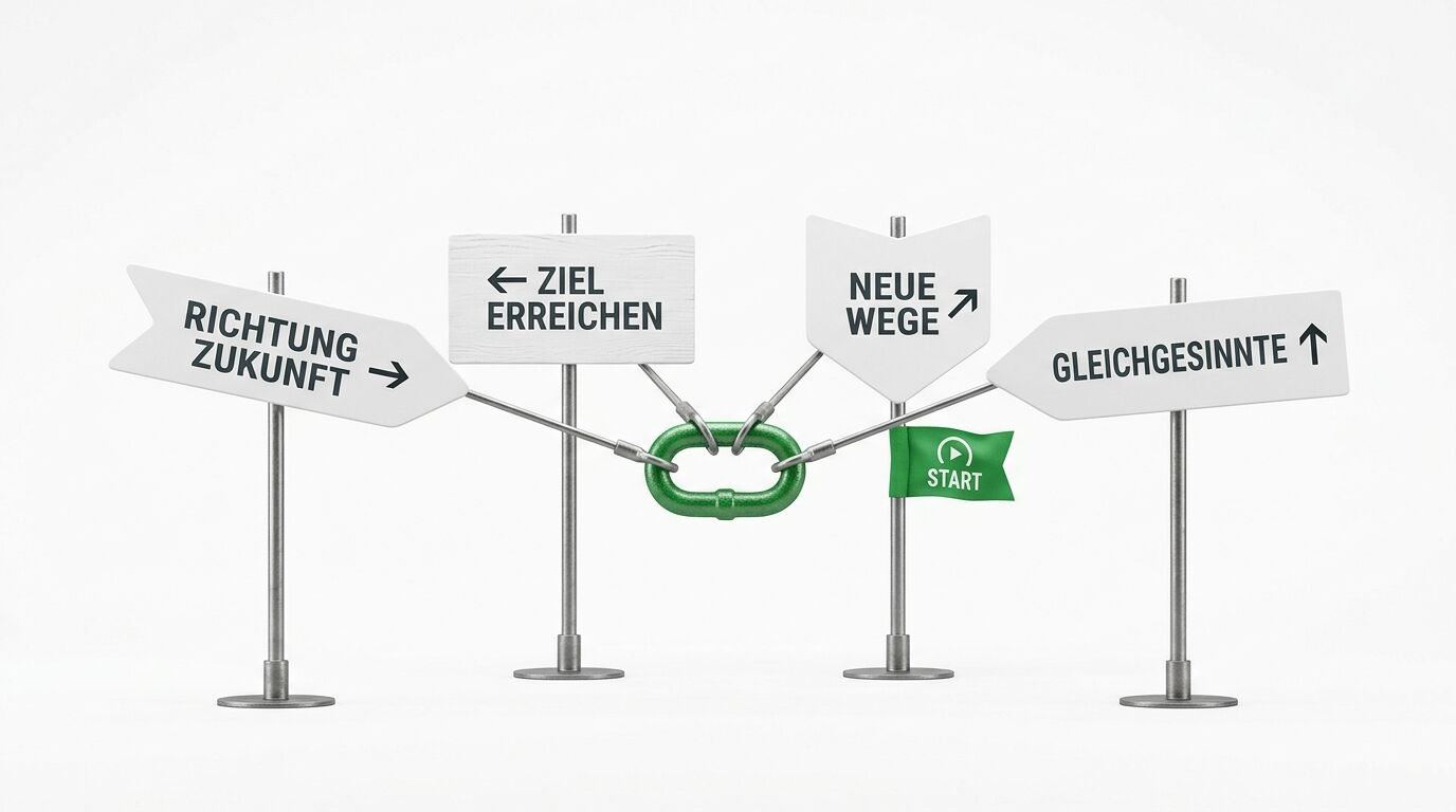 Vier Wegweiser mit deutschen Texten zeigen verschiedene Richtungen zu einem grünen START-Karabiner in der Mitte