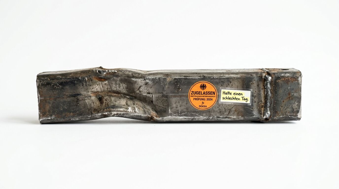 Ein verformter Metallbalken mit DEKRA-Plakette und Text: