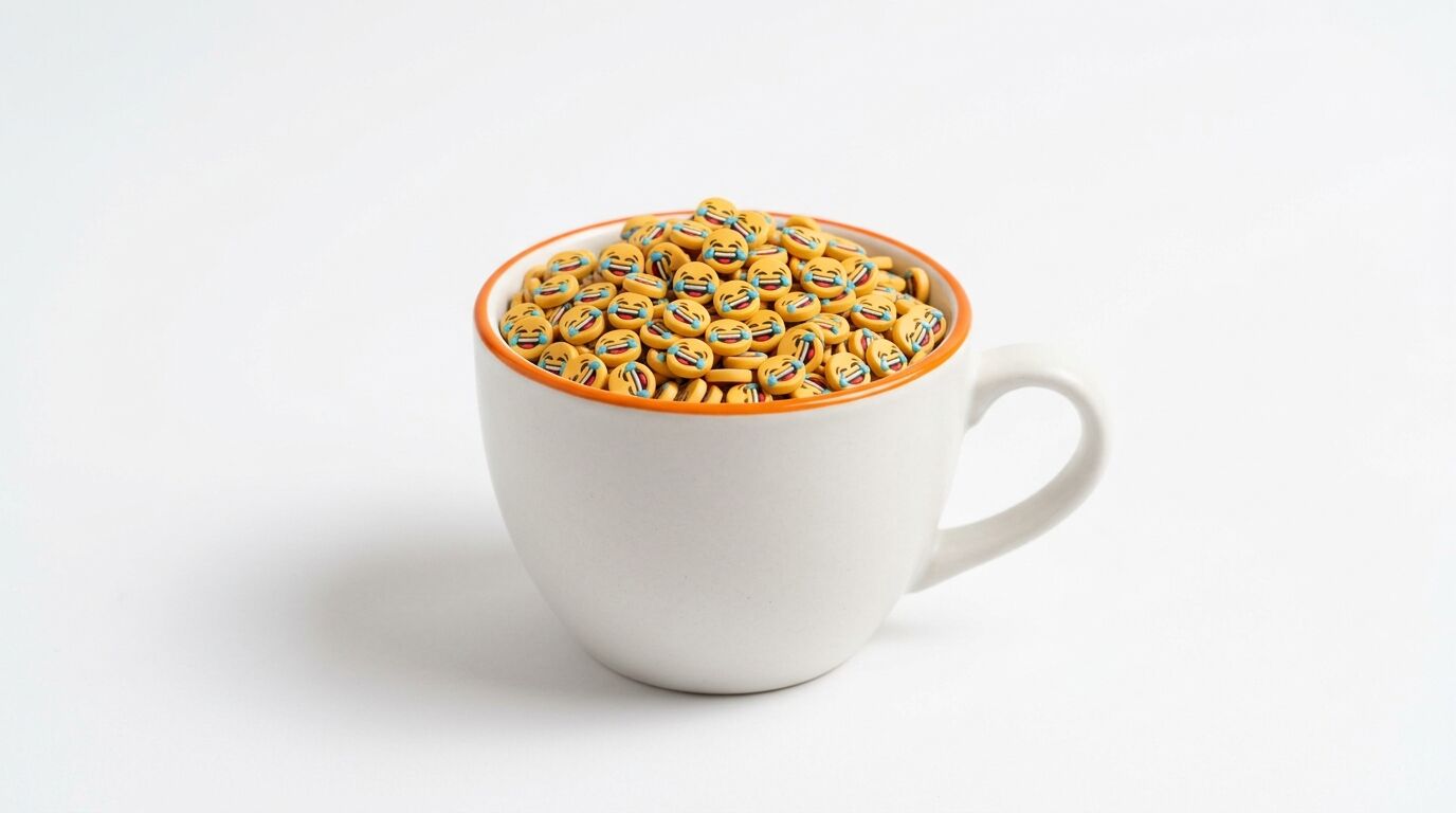 Eine weisse Tasse mit orangefarbenem Rand, gefüllt mit kleinen lachenden Emojis, auf weissem Grund
