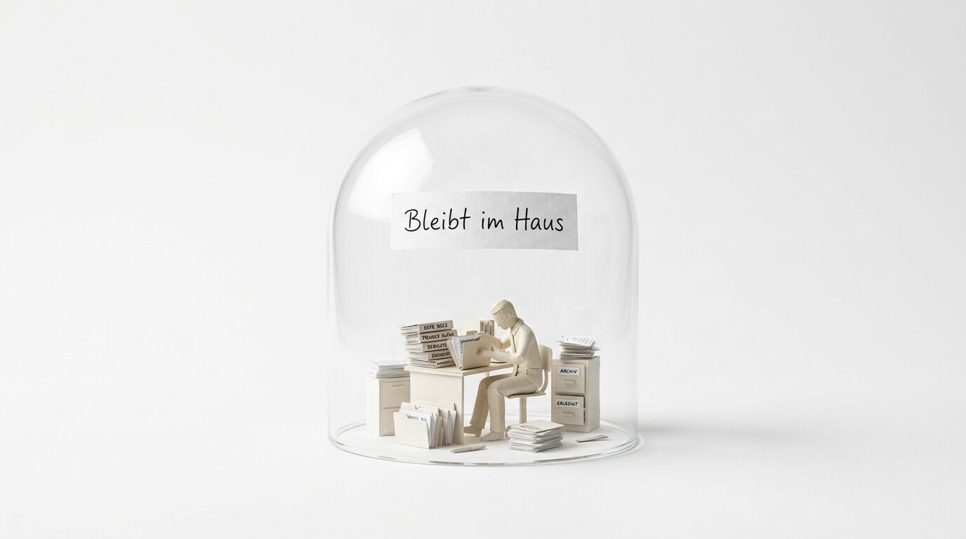 Miniatur-Büroszene aus Papier unter Glassturz mit dem Schild „Bleibt im Haus“