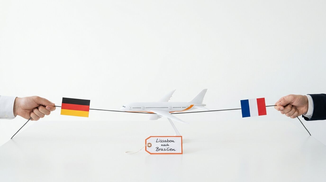 Zwei Hände ziehen an einem Seil über einem Modellflugzeug, mit DE, FR Flaggen und einem Schild Lissabon nach Brasilien auf weißem Hintergrund